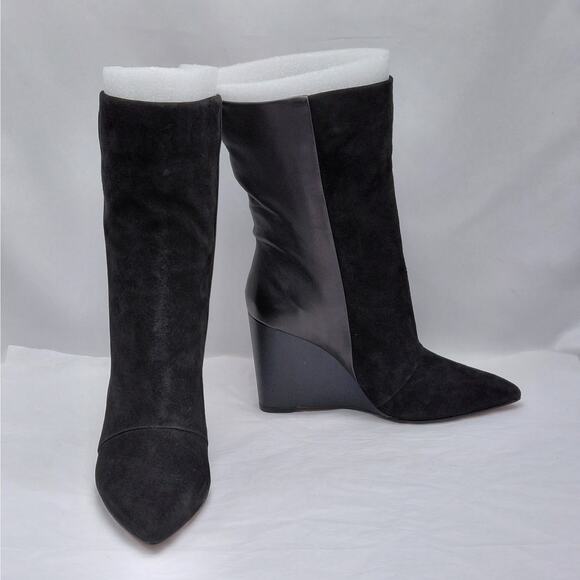 1.STATE Womens Wedge Boots Size 5.5 Black Leather Suede Pointed Toe Knee High - Picture 2 of 11